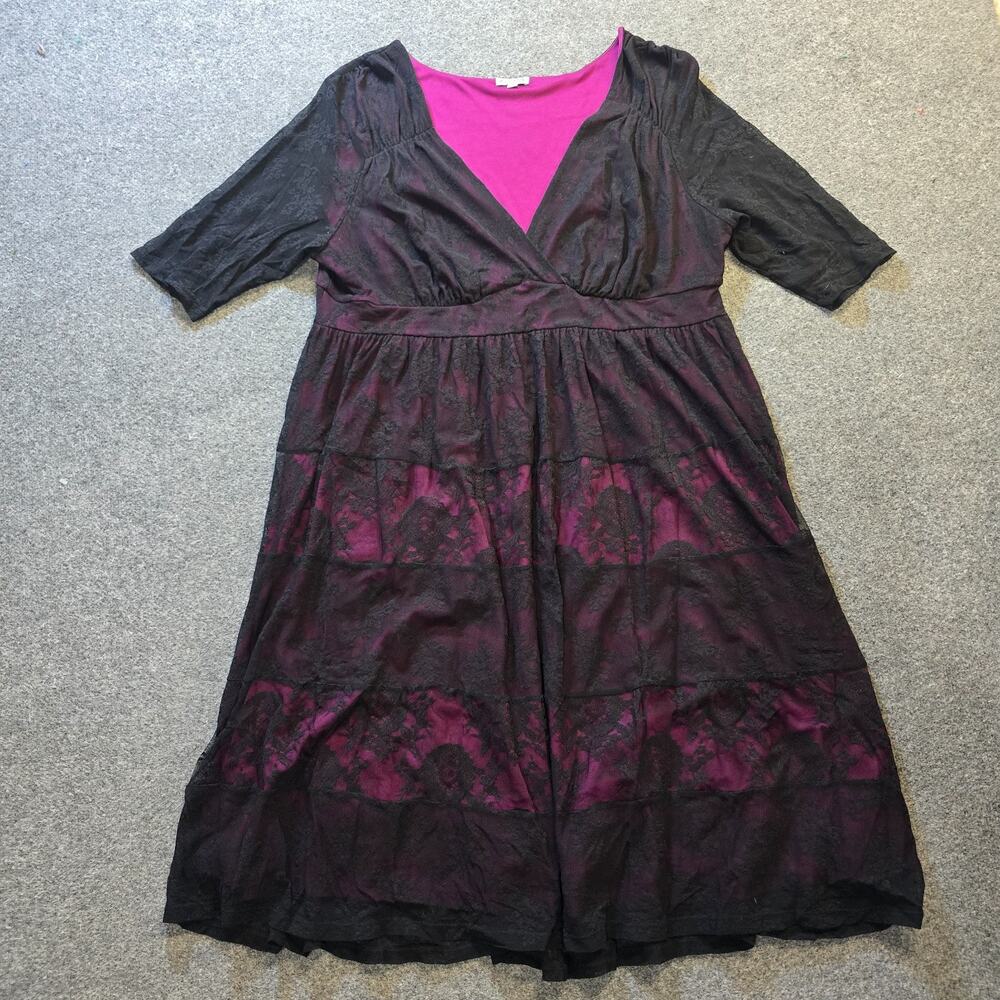 Kiyonna Dress Women Size 3X Black Purple Lined Lace A Line Short Sleeve Cocktail